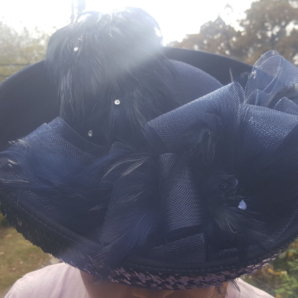 100% Wool Dark Blue feather Church Hat